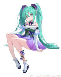 Rule 34 | 1girl, aqua eyes, aqua hair, arm support, bare legs, black bow, black bowtie, black footwear, bow, bowtie, copyright notice, crypton future media, detached collar, detached sleeves, dress flower, dsmile, flower, hair flower, hair ornament, hatsune miku, highres, long hair, long sleeves, looking at viewer, morning glory, multicolored hair, official art, piapro, sandals, sitting, socks, solo, streaked hair, tabi, thighs, twintails, very long hair, white background, white socks, zouri