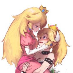 Rule 34 | 2girls, armlet, bare shoulders, blonde hair, blue eyes, blush, bowsette, bracelet, breasts, carrying, carrying person, child carry, cleavage, collar, crown, dress, fang, highres, horns, hoshi taiji, jewelry, long hair, mario (series), medium breasts, multiple girls, new super mario bros. u deluxe, nintendo, open mouth, pink dress, ponytail, princess peach, spiked armlet, spiked bracelet, spiked collar, spiked shell, spikes, super crown, yuri
