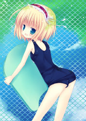 Rule 34 | 1girl, alice margatroid, ass, bad id, bad pixiv id, blonde hair, blue eyes, female focus, kickboard, looking back, mizuse ruka, one-piece swimsuit, outdoors, school swimsuit, short hair, sky, solo, swimsuit, touhou