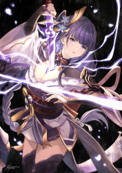Rule 34 | 1girl, armor, black background, black thighhighs, braid, breasts, bridal gauntlets, cleavage, coattails, commentary request, electricity, falling petals, floral print, flower, genshin impact, hair ornament, holding, holding sword, holding weapon, human scabbard, japanese clothes, kimono, large breasts, long hair, long sleeves, looking at viewer, mitsudomoe (shape), mole, mole under eye, mugen kageno, obi, obiage, obijime, open mouth, petals, purple eyes, purple flower, purple hair, raiden shogun, ribbon, sash, shoulder armor, signature, simple background, solo, sword, tassel, thighhighs, tomoe (symbol), weapon, wide sleeves