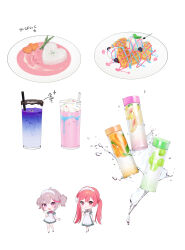 Rule 34 | 2girls, absurdres, apron, arrow (symbol), bottle, chibi, dress, drink, drinking straw, flower, food, food focus, glass, hair flower, hair ornament, heart-shaped food, highres, ice cream, low twintails, maid, maid apron, maid headdress, multiple girls, ohisashiburi, original, pink hair, plate, puffy short sleeves, puffy sleeves, red hair, rice, short dress, short sleeves, smile, translation request, twintails, waffle, water, white flower