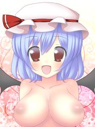 Rule 34 | 1girl, :d, absurdres, alternate breast size, bad id, bad pixiv id, bat wings, blue hair, blush, breasts, fang, female focus, hat, highres, large breasts, nipples, nude, open mouth, puffy nipples, red eyes, remilia scarlet, short hair, smile, solo, touhou, tsujishiro naohitagi, upper body, wings