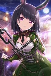 Rule 34 | 1girl, absurdres, alternative girls, animal ears, black hair, black necktie, breasts, building, chain, choker, cleavage, fingerless gloves, fountain, full moon, gloves, green gloves, green skirt, highres, holding, holding chain, looking at viewer, moon, necktie, night, official art, onitsuka chiho, open mouth, rabbit ears, red eyes, short hair, skirt, solo, teeth