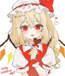 Rule 34 | 1girl, ascot, blonde hair, candy, chocolate, chocolate heart, crystal wings, flandre scarlet, food, frills, happy valentine, hat, hat ribbon, heart, highres, medium hair, mob cap, open mouth, pointy ears, puffy short sleeves, puffy sleeves, red eyes, red ribbon, ribbon, short sleeves, side ponytail, simple background, solo, touhou, upper body, uzmee, white background, wrist cuffs, yellow ascot