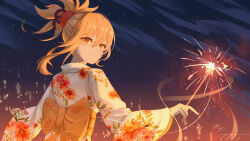 Rule 34 | 1girl, absurdres, alternate costume, blonde hair, brown eyes, fireworks, floating hair, floral print, from behind, genshin impact, half updo, highres, japanese clothes, kimono, long hair, long sleeves, looking at viewer, looking back, night, obi, print kimono, sash, smile, solo, upper body, w-t, white kimono, wide sleeves, yoimiya (genshin impact), yukata