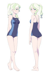 Rule 34 | 1girl, ass, blonde hair, blue eyes, blue one-piece swimsuit, blush, breasts, closed mouth, diana cavendish, feet, from behind, full body, highres, little witch academia, looking at viewer, looking back, looking to the side, multiple views, one-piece swimsuit, ponytail, satochi, shoulder blades, simple background, small breasts, standing, swimsuit, white background