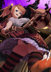 Rule 34 | 1girl, ass, bad id, bad pixiv id, ball and chain (weapon), bat (animal), blue eyes, breasts, brown hair, candle, cowboy shot, full moon, hair ornament, helmet (touhu812), highres, jack-o&#039;-lantern, large breasts, long hair, looking at viewer, looking down, mace, moon, original, panties, pantyshot, raised eyebrows, smile, solo, striped clothes, striped thighhighs, thighhighs, thighs, underwear, upskirt, weapon