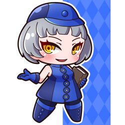 Rule 34 | 1girl, absurdres, argyle, argyle background, bare shoulders, blue background, blue dress, blue footwear, blue gloves, blue hat, blue pantyhose, book, boots, breasts, chibi, commentary request, dress, elizabeth (persona), full body, gloves, grey hair, hat, highres, holding, holding book, medium breasts, outline, pantyhose, persona, persona 3, ringed eyes, saishosaisekojo, short hair, sleeveless, sleeveless dress, solo, standing, thigh boots, white background, white outline, yellow eyes