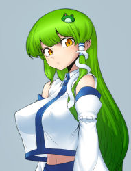 Rule 34 | 1girl, breasts, covered erect nipples, detached sleeves, female focus, frog hair ornament, green hair, hair ornament, kochiya sanae, large breasts, long hair, looking at viewer, see-through silhouette, simple background, snake hair ornament, solo, spacezin, touhou, yellow eyes