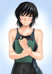 Rule 34 | 1girl, aged up, amagami, bare shoulders, black eyes, black hair, black one-piece swimsuit, blue background, blue one-piece swimsuit, blush, breasts, clipboard, closed mouth, collarbone, commentary, competition swimsuit, covered navel, gradient background, hair up, hand on own wrist, head tilt, highres, holding, holding clipboard, jishaku (user rcuz2843), looking at viewer, medium breasts, one-piece swimsuit, ponytail, raised eyebrows, skindentation, smile, solo, standing, swimsuit, tsukahara hibiki, two-tone swimsuit, upper body, w arms, whistle, whistle around neck, white background