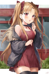 Rule 34 | 1girl, absurdres, bad id, bad pixiv id, bare shoulders, black jacket, black thighhighs, blonde hair, blush, breasts, casual, choker, collarbone, cowboy shot, dress, earrings, ereshkigal (fate), fate/grand order, fate (series), gem, highres, ishida umi, jacket, jewelry, long hair, looking at viewer, medium breasts, nail polish, off shoulder, open mouth, parted bangs, red dress, red eyes, red gemstone, red nails, red ribbon, ribbon, signature, solo, standing, thighhighs, two side up, very long hair