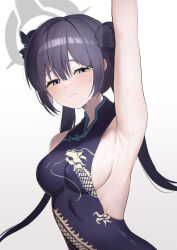 Rule 34 | 1girl, absurdres, arm up, armpits, art rat, black dress, black hair, blue archive, blush, breasts, butterfly hair ornament, china dress, chinese clothes, closed mouth, commentary, double bun, dress, grey eyes, hair between eyes, hair bun, hair ornament, half-closed eyes, halo, highres, kisaki (blue archive), long hair, looking at viewer, medium breasts, presenting armpit, sideboob, simple background, sleeveless, sleeveless dress, solo, sweat, twintails