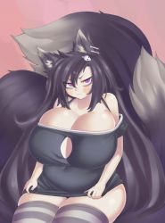 Rule 34 | 1girl, animal ear fluff, animal ears, bare shoulders, belly, big belly, black hair, blush, blush stickers, breasts, center opening, cleavage, commission, covered navel, eyeshadow, fox ears, fox girl, fox tail, hair ornament, huge breasts, long hair, looking at viewer, makeup, multiple tails, original, pincerpencil, plump, purple eyes, sitting, skull hair ornament, solo, striped clothes, striped thighhighs, tail, thighhighs, v-shaped eyebrows, very long hair, wavy mouth, zettai ryouiki