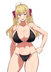 Rule 34 | 1girl, :d, absurdres, ahoge, armpit crease, bikini, black bikini, blonde hair, blush, bow, breasts, cleavage, collarbone, covered erect nipples, hair bow, hand on own hip, highres, huge breasts, large breasts, long hair, looking at viewer, midriff, navel, nijisanji, open mouth, purple bow, purple eyes, simple background, skindentation, smile, solo, swimsuit, takamiya rion, twintails, uberplum, virtual youtuber, white background
