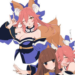 Rule 34 | 2girls, absurdres, animal ear fluff, animal ears, arm at side, bare shoulders, black sash, blue bow, blue bowtie, blue kimono, blunt bangs, blush, bow, bowtie, breasts, brown eyes, brown hair, cleavage, closed eyes, detached sleeves, dot nose, expressionless, fang, fate/extra, fate (series), fox ears, fox girl, fox shadow puppet, fox tail, hair between eyes, hair bow, hand up, heart, highres, japanese clothes, kaigan0211, kimono, kishinami hakuno (female), long sleeves, looking at viewer, medium breasts, medium hair, multiple girls, multiple views, obi, one eye closed, open mouth, orange eyes, outstretched arm, pink hair, sash, simple background, skin fang, split ponytail, spoken heart, tail, tamamo (fate), tamamo no mae (fate/extra), tsukumihara academy uniform (fate/extra), white background, wide sleeves, yuri