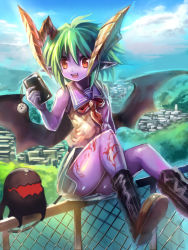 Rule 34 | 1girl, bat wings, boots, cellphone, cellphone charm, cellphone strap, chain-link fence, charm (object), cloud, colored skin, day, demon girl, edobox, fence, green hair, horns, open mouth, original, phone, pointy ears, purple skin, red eyes, school uniform, serafuku, shirt, short hair, sitting, sky, sleeveless, sleeveless shirt, smile, solo, tail, tattoo, wings