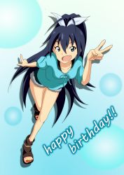 Rule 34 | !, !!, 1girl, ahoge, antenna hair, aqua background, aqua eyes, aqua shirt, arm at side, black hair, bow, breasts, brown footwear, clenched hands, collarbone, earrings, english text, eyelashes, feet, female focus, fingernails, full body, ganaha hibiki, gradient background, hair between eyes, hair bow, hair ornament, hair ribbon, hand up, happy, happy birthday, high ponytail, hoop earrings, idolmaster, idolmaster (classic), index finger raised, jewelry, leaning forward, legs, long hair, looking at viewer, medium breasts, nail polish, namco, neck, open mouth, outstretched arms, ponytail, red nails, ribbon, sandals, shiny clothes, shiny skin, shirt, short shorts, shorts, sidelocks, smile, spread arms, standing, t-shirt, thighs, thighs together, toenail polish, toenails, toes, v, very long hair, wide ponytail