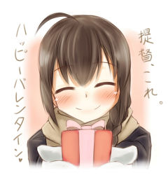 Rule 34 | 10s, 1girl, ^ ^, ahoge, alternate costume, box, braid, brown hair, closed eyes, closed eyes, gift, gift box, kantai collection, mittens, ribbon, scarf, sekino takehiro, shigure (kancolle), single braid, sketch, smile, solo, translated, valentine, winter clothes