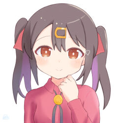 Rule 34 | 1girl, black hair, bolo tie, brown eyes, commentary, hair between eyes, hair ornament, hair ribbon, hairclip, heart, highres, light blush, long hair, long sleeves, looking at viewer, multicolored hair, omochi tabeyo97, onii-chan wa oshimai!, oyama mihari, portrait, purple hair, red ribbon, red shirt, ribbon, shirt, simple background, smile, solo, twintails, two-tone hair, white background, wing collar
