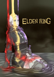 Rule 34 | 1girl, absurdres, armor, belt, belt pouch, blue eyes, breastplate, capelet, closed mouth, confessor (elden ring), copyright name, ebonyxh, elbow gloves, elden ring, fog, gloves, grey capelet, highres, long hair, pouch, sitting, solo, spot color, tarnished (elden ring), torn, torn clothes, water, weapon, white hair