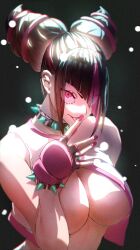 Rule 34 | 1girl, absurdres, artist request, bare shoulders, black choker, black hair, bracelet, breasts, capcom, choker, female focus, fingernails, hair over one eye, han juri, highres, jewelry, large breasts, licking lips, looking at viewer, matching hair/eyes, multicolored hair, purple eyes, purple hair, purple nails, solo, spiked bracelet, spiked choker, spikes, streaked hair, street fighter, street fighter 6, tongue, tongue out, two-tone hair