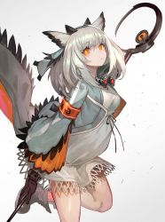 Rule 34 | 1girl, animal ears, arknights, bird girl, blush, boots, breasts, brown gloves, gloves, goggles, goggles around neck, highres, jacket, lack, long hair, looking at viewer, medium breasts, orange eyes, ptilopsis (arknights), silver hair, simple background, solo, staff