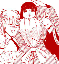 Rule 34 | 3girls, animal ears, breasts squeezed together, breasts, rabbit ears, cheek press, cleavage, closed mouth, closed eyes, frown, fujiwara no mokou, gingham (amalgam), happy, houraisan kaguya, large breasts, long hair, long sleeves, multiple girls, necktie, reisen udongein inaba, ribbon, simple background, smile, touhou, upper body, white background