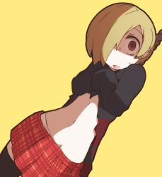 Rule 34 | 1girl, asphyxiation, belly, black shirt, black thighhighs, blonde hair, blood, blood on clothes, ear piercing, hair over one eye, highres, idolmaster, looking at viewer, midriff, navel, nns (sobchan), noose, one eye covered, open mouth, piercing, plaid, plaid skirt, saliva, shirasaka koume, shirt, short hair, simple background, skirt, solo, strangling, sweatdrop, thighhighs, yellow background, zettai ryouiki