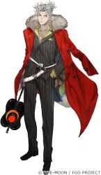 Rule 34 | 1boy, belt, black footwear, black jacket, black suit, closed mouth, coat, coat on shoulders, collarbone, copyright notice, expressionless, fate/grand order, fate (series), formal, full body, fur-trimmed coat, fur trim, grey eyes, grey hair, gunbai, half updo, hand fan, hand in pocket, holding, holding fan, jacket, long sleeves, looking at viewer, male focus, o-ring, o-ring belt, official art, pants, parted bangs, pinstripe jacket, pinstripe pants, pinstripe pattern, pinstripe suit, pocket square, red coat, shirt, shoes, short hair, spiked hair, standing, suit, takeda shingen (fate), toi8, transparent background, two-sided coat, two-sided fabric, war fan, white belt, wing collar, yellow shirt