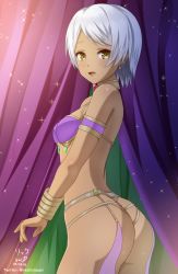 Rule 34 | 1girl, :d, absurdres, arabian clothes, arched back, armlet, ass, bare shoulders, bob cut, breasts, commentary request, cowboy shot, curtains, dancer, dark skin, dark-skinned female, dated, earrings, green gemstone, from side, furrowed brow, gem, gold trim, highres, hoshizora rick, jewelry, looking at viewer, looking to the side, medium breasts, neck ring, open mouth, original, short hair, signature, silver hair, smile, solo, sparkle, standing, twitter username