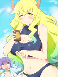 Rule 34 | 10s, 1boy, 1girl, ;), age difference, beach, bikini, black bikini, blonde hair, blush, breasts, cleavage, cleavage cutout, clothing cutout, cloud, day, dragon girl, dragon horns, girl on top, gradient hair, heterochromia, horns, kobayashi-san chi no maidragon, large breasts, long hair, looking at viewer, lotion, lying, magatsuchi shouta, midriff, multicolored hair, navel, one eye closed, open clothes, open mouth, outdoors, purple eyes, purple hair, lucoa (maidragon), sky, smile, standing, swimsuit, wide-eyed