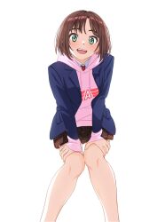 Rule 34 | 1girl, :d, blazer, blue jacket, blush, bob cut, brown hair, eyelashes, green eyes, hand on own knee, hand on own thigh, highres, hood, hoodie, jacket, legs, long sleeves, looking at viewer, miniskirt, nishiya yasushi, open clothes, open jacket, open mouth, original, parted bangs, pink hoodie, pleated skirt, school uniform, shoes, short hair, sidelocks, simple background, skirt, smile, socks, teeth, thick eyebrows, thighs, tongue, upper teeth only