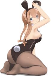 Rule 34 | alternate costume, animal ears, ass, back, black leotard, bow, bowtie, braid, breasts, brown pantyhose, detached collar, fake animal ears, fake tail, grey eyes, hair ornament, highleg, highleg leotard, highres, kantai collection, legs, leotard, light brown hair, long hair, looking at viewer, looking back, looking to the side, medium breasts, no shoes, pantyhose, playboy bunny, propeller hair ornament, rabbit ears, rabbit tail, redundant-cat, simple background, soles, strapless, strapless leotard, tail, teruzuki (kancolle), traditional bowtie, twin braids, white background, wrist cuffs