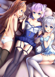 Rule 34 | 3girls, absurdres, ahoge, anchor symbol, animal ears, ass, ass cutout, bed, black legwear, blue dress, blue eyes, blush, braid, brown hair, cameltoe, choker, claxton (warship girls r), closed mouth, clothing cutout, collarbone, converse (warship girls r), crown braid, dress, dyson (warship girls r), fake animal ears, garter straps, hair ornament, hairclip, hand on own chest, highres, knees together feet apart, lanse dai mao, long hair, lying, multiple girls, off shoulder, on back, on bed, on side, on stomach, open mouth, panties, pillow, pillow grab, pleated dress, purple hair, red choker, scared, seductive smile, silver hair, smile, thighhighs, thighs, underwear, underwear only, warship girls r, white legwear, white panties, wrist cuffs, wristband