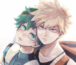 Rule 34 | 2boys, bakugou katsuki, blonde hair, bodysuit, boku no hero academia, closed mouth, collarbone, commentary request, freckles, frown, gloves, green bodysuit, green eyes, green gloves, green hair, hand on another&#039;s head, looking at viewer, male focus, midoriya izuku, multiple boys, orange eyes, parted lips, short hair, simple background, spiked hair, unou (unou mha), white background
