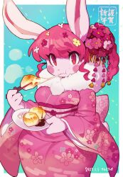Rule 34 | 1girl, absurdres, animal ears, animal nose, blue background, blush, body fur, border, braid, breasts, chinese zodiac, chopsticks, dated, eating, flower, food, furry, furry female, hair flower, hair ornament, happy new year, heart, highres, holding, holding chopsticks, holding plate, japanese clothes, kimono, looking at viewer, medium breasts, mochi, new year, original, outside border, pink flower, pink fur, pink kimono, plate, rabbit ears, rabbit girl, red flower, sanjiro (tenshin anman), solo, white border, white flower, wide hips, year of the rabbit, yellow flower