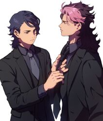 Rule 34 | 2boys, adjusting another&#039;s clothes, adjusting clothes, adjusting necktie, black jacket, black necktie, black suit, blue hair, brothers, brown eyes, brown hair, collared shirt, formal, grey necktie, grey shirt, guel jeturk, gundam, gundam suisei no majo, highres, jacket, lauda neill, long hair, long sleeves, looking at another, male focus, medium hair, mullet, multicolored hair, multiple boys, necktie, pink hair, shirt, siblings, skychabo23, suit, suit jacket, swept bangs, two-tone hair, upper body, white background