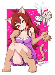 Rule 34 | 1girl, 1other, :3, angel wings, animal ears, animal hands, artist name, barefoot, blonde hair, blush, border, breasts, broken halo, cat ears, cat girl, cat tail, cleavage, closed mouth, collarbone, commentary request, crimvael, dress, embarrassed, fur, halo, head tilt, heart, ishuzoku reviewers, large breasts, long hair, looking at viewer, mago, mii (ishuzoku reviewers), nose blush, one eye closed, pink background, red eyes, red hair, sandals, sitting, solo focus, tail, white border, white dress, wings