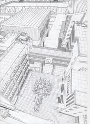 Rule 34 | absurdres, building, cityscape, clock, greyscale, highres, lineart, monochrome, nib pen (medium), no humans, original, rooftop, scan, suishougensou, traditional media, tree