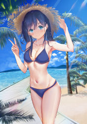 Rule 34 | 1girl, absurdres, bare arms, bare legs, beach, bikini, black hair, blue bikini, blue eyes, blue sky, blush, boardwalk, breasts, cleavage, closed mouth, cloud, collarbone, day, hair ornament, hand on headwear, hat, highres, legs together, lolikongh, long hair, looking at viewer, medium breasts, mountainous horizon, navel, ocean, original, outdoors, palm tree, sky, solo, standing, straw hat, swimsuit, thighhighs, tree, v