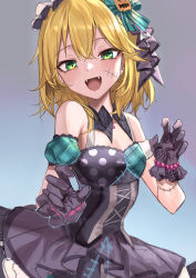 Rule 34 | 1girl, :d, absurdres, armband, black gloves, cross-laced clothes, cross-laced dress, detached collar, dress, facial scar, fangs, gao, gloves, haruyuki (gffewuoutgblubh), highres, idolmaster, idolmaster shiny colors, looking at viewer, open mouth, print gloves, sakurai momoka, scar, scar on arm, scar on cheek, scar on face, simple background, sleeveless, sleeveless dress, smile, smirk, solo, upper body