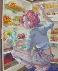 Rule 34 | 10s, 1girl, aghost-i, alcohol, bad id, bad pixiv id, bag, bangs pinned back, blue shirt, bottle, chicken (food), downpants, dragon fruit, egg, food, fruit, gloves, hair ornament, hairclip, hood, hood down, indoors, kofuku, looking away, looking to the side, lowres, melon, noragami, panties, pants, pink hair, purple eyes, refrigerator, shirt, shoes, short hair, single glove, solo, squatting, tomato, underwear, white footwear, white gloves, yellow panties