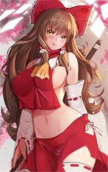 Rule 34 | 1girl, :q, absurdres, areola slip, ascot, bow, breasts, brown hair, cherry blossoms, detached sleeves, frilled bow, frills, gohei, hair bow, hair tubes, hakurei reimu, highres, kakuseikakusei, large breasts, long hair, looking at viewer, navel, red bow, red skirt, sideboob, skirt, solo, thighhighs, tongue, tongue out, touhou, very long hair