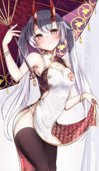 Rule 34 | 1girl, absurdres, armpit peek, bangle, black thighhighs, blush, bracelet, breasts, brown eyes, china dress, chinese clothes, cleavage cutout, closed mouth, clothes lift, clothing cutout, crossed legs, dress, dress lift, earrings, fate/grand order, fate (series), grey background, grey dress, grey hair, hamaken. (novelize), highres, holding, holding umbrella, horns, jewelry, long hair, looking at viewer, medium breasts, oil-paper umbrella, oni horns, purple umbrella, red horns, side slit, sleeveless, sleeveless dress, slit pupils, solo, thighhighs, thighs, tomoe gozen (fate), twintails, umbrella, very long hair