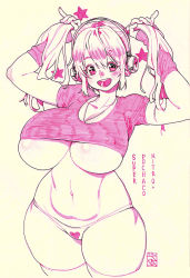 Rule 34 | 1girl, blush, borrowed character, breasts, cowboy shot, crop top, cropped shirt, curvy, covered erect nipples, front-print panties, headphones, heart, heart panties, heart print, holding, holding hair, huge breasts, looking at viewer, midriff, monochrome, navel, nitroplus, no bra, open mouth, panties, poch4n, print panties, shirt, simple background, skindentation, smile, solo, standing, star (symbol), stomach, super pochaco, thick thighs, thighs, twintails, underboob, underwear, wide hips