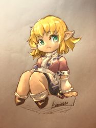Rule 34 | 1girl, arm warmers, black footwear, blonde hair, full body, green eyes, highres, komaro, light smile, looking at viewer, mizuhashi parsee, one-hour drawing challenge, pointy ears, scarf, shoes, short hair, short sleeves, signature, skirt, solo, touhou