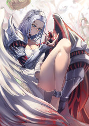 Rule 34 | 1girl, angel, angel wings, armor, asymmetrical wings, blood, blood stain, blue eyes, breasts, cleavage, closed mouth, gauntlets, greaves, headpiece, highres, huihui (d0250028020), knees up, large breasts, long hair, looking at another, pauldrons, shoulder armor, silver hair, single gauntlet, single greave, single pauldron, solo, wings