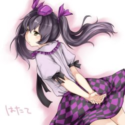 Rule 34 | 1girl, arms behind back, black hair, bow, brown eyes, checkered clothes, checkered skirt, hair bow, hat, himekaidou hatate, monrooru, skirt, solo, tokin hat, touhou, twintails