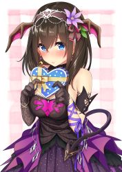 Rule 34 | 1girl, absurdres, asymmetrical gloves, bare shoulders, bat wings, black dress, black gloves, black hair, blue eyes, blush, border, box, breasts, closed mouth, demon tail, dress, earrings, flower, gift, gift box, gloves, go-1, hair between eyes, hair flower, hair ornament, hairband, head wings, highres, idolmaster, idolmaster cinderella girls, jewelry, large breasts, long hair, looking at viewer, plaid, plaid background, purple ribbon, ribbon, sagisawa fumika, solo, tail, uneven gloves, valentine, white border, wings