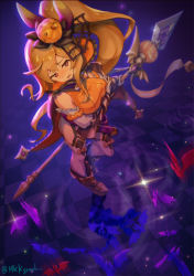 Rule 34 | 1girl, blonde hair, breasts, dragalia lost, elisanne, halloween, halloween costume, highres, holding, holding lance, holding polearm, holding weapon, lance, long hair, meckeke (mkk), medium breasts, night, official alternate costume, open mouth, polearm, ponytail, solo, weapon